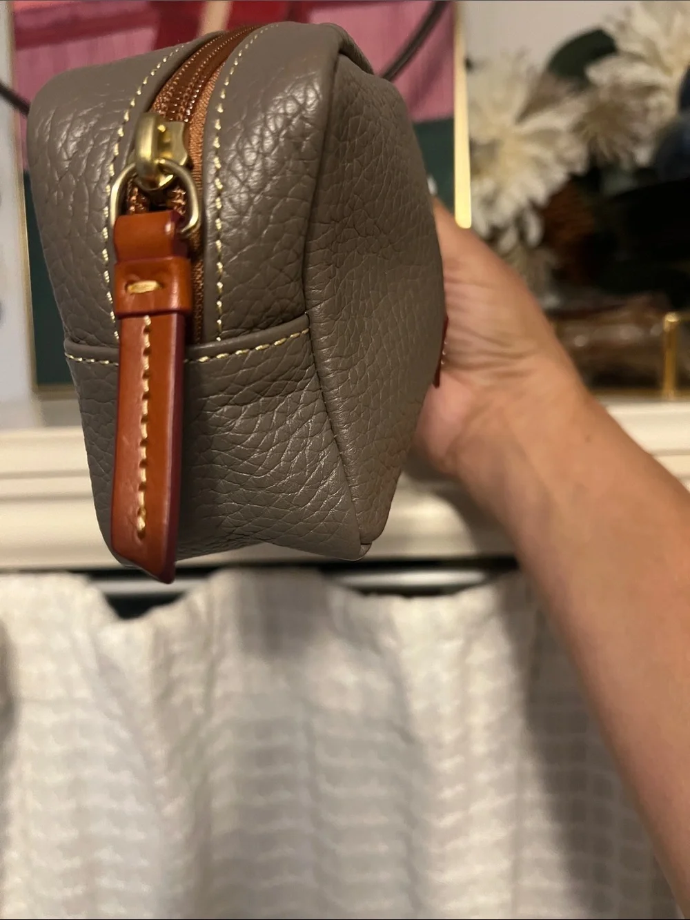 Dooney & Bourke Gray Pebbled Leather Cosmetic Pouch with Brown Logo Patch